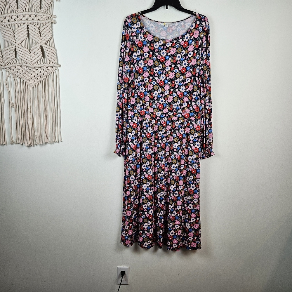 Boden Floral Long Sleeve Jersey Knit Dress Size 12R Pockets Spring Summer